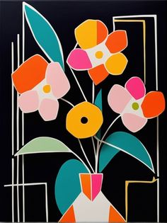 a painting with flowers in a vase on a black background and white lines around it