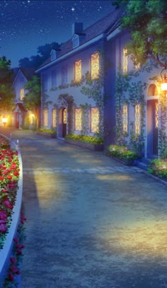 a night scene with flowers and lights in front of a house