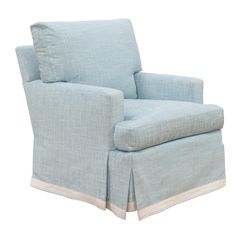 a light blue chair with a white trim around the arm and back, on a white background