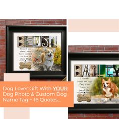 two frames with dogs and the words dog lover gift with your photo and custom dog name tag