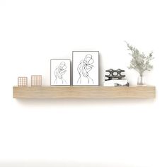 two pictures on a wooden shelf next to a potted plant and some bookshelves