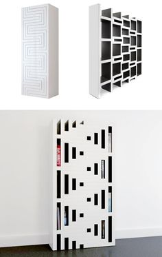 three bookshelves with different shapes and sizes on each side, one in white and the other in black