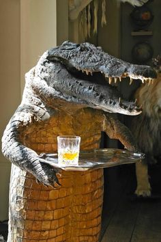 a large alligator statue holding a tray with a drink on it's side and a dog in the background