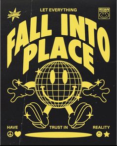 an advertisement for the fall into place concert in front of a black and yellow background