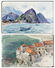 two watercolor paintings of boats in the ocean and on land with mountains behind them