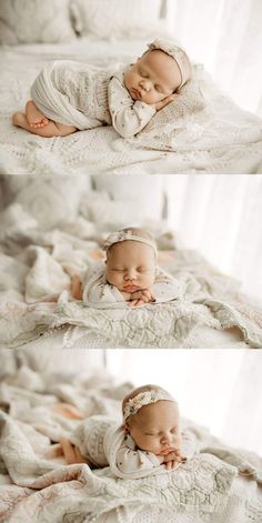 a baby sleeping on top of a white blanket next to another newborn photo and then laying down