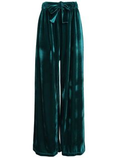 emerald green velvet stretch-design pull-on style elasticated waistband bow detailing high-waisted wide leg Velvet Palazzo, Emerald Green Velvet, Palazzo Trousers, Velvet Trousers, Wardrobe Edit, Exclusive Fashion, Green Velvet, Bottoms Pants, Emerald Green