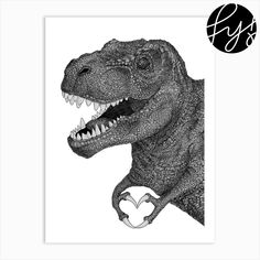 a black and white drawing of a dinosaur with its mouth open