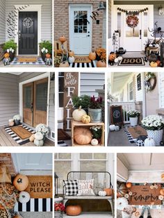 the front porch is decorated with pumpkins and other decorations