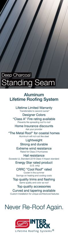 an advertisement for the deep channel standing seam aluminum system, featuring different types of metal sidings