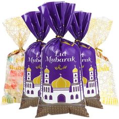 three bags of mulbbraak are sitting next to each other