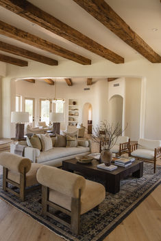 Welcome to the #mnSantaFeHacienda home, where Southwest charm blends with modern comfort. Modern Santa Fe Style Homes, Modern Santa Barbara Style Interiors, Modern Spanish Revival Living Room, Spanish Colonial Home Interior, Sante Fe Interior Design, Living Room Spanish, Spanish Desert Home Interior, Santa Fe Modern Home, Arizona Farmhouse