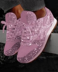 Color: pink, Size: US8.5 Sparkley Shoes, Glitter Tennis Shoes, White Platform Sneakers, Rubber Sneakers, Casual Slip On Shoes, Mesh Heels, Flats Outfit, Glitter Sneakers, Female Style