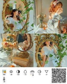 a woman taking a selfie in front of a mirror with flowers and leaves on it