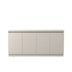 a white cabinet with four doors and two drawers on the front, against a white background