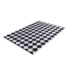 a black and white checkered area rug on a white background with the floor in front of it