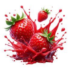 three strawberries are splashing with red liquid