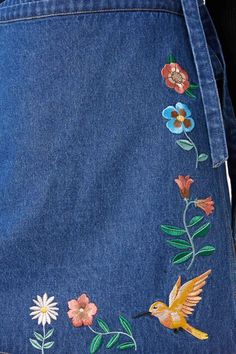 Denim embroidered wrap skirt- Featuring darling hummingbirds amongst folksy flower motifs- embroidery along hem and front panel of skirt- wrap feature with tie at side- finishes above the knee- made from cotton denim-available in mid denim Product Code: PGFV512 Hand Embroidered Skirt, Embroidered Denim Skirt, Motifs Embroidery, Skirt Wrap, Flower Motifs, Embroidered Skirt, Goods And Service Tax, Goods And Services, Hummingbirds