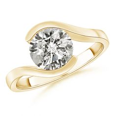 a yellow gold engagement ring with a round diamond in the center, on a white background