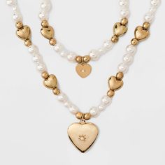 Cute Gold Beaded Necklace, Cute Gold Beaded Necklaces, Cute Gold Pearl Jewelry, Toddler Necklace, Jewelry Dress, Classic Pearl Necklace, Gold Heart Pendant, Bracelet And Necklace, Pearl Heart