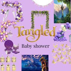 the tangled baby shower is filled with purple and gold decorations