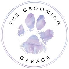 the grooming garage logo with purple watercolors on white circle and paw print