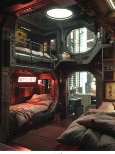 an image of a bedroom with bunk beds in the middle and lights on above it