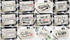 nine different images of personalized makeup bags