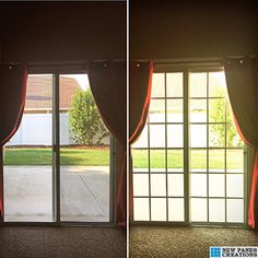 two pictures of an open window with red curtains