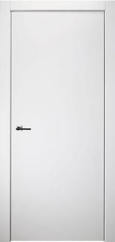 an empty white door with a black handle on it's left side and the bottom part of the door partially open