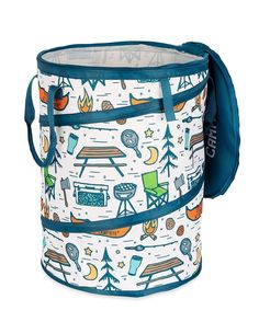 a blue and white camping themed cooler bag