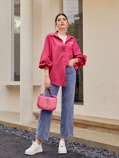 Long Blouses Outfits, Style With Long T-shirt, Pink Shirts For Women, How To Wear Collared Shirts, Summer Fits For Women, Pink Shirt For Women, How To Style Hot Pink Shirt, Pink Shirt Styling Women, Jeans With Shirts Women