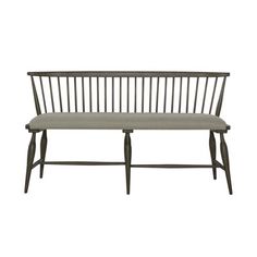 a wooden bench with a gray upholstered back and seat cushion on the side