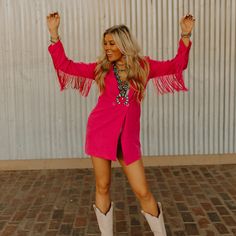 Pink Fringe Rodeo Blazer Dress Pink Fringe Romper, Hot Pink Cowgirl Outfit, Hot Pink Western Outfit, Glam Cowgirl Outfit, Nfr Outfits For Vegas Cowgirl Fashion, Black Blazer Style, Blazer Dress Outfits, Fringe Blazer, Nfr Outfits