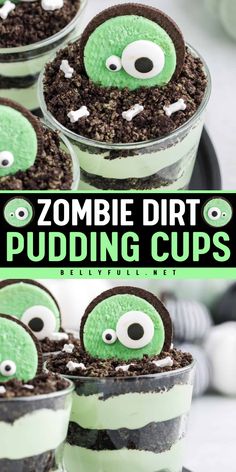 Sink your teeth into Zombie Dirt Pudding Cups, the ultimate no bake Halloween treat for parties! With Oreo crumbles and instant pudding, this easy Halloween dessert recipe is a graveyard smash. Dig in and get spooky! Dirt In Worms Pudding Cups, Essen, Zombie Rice Krispie Treats, Dirt Pudding Halloween Graveyard, Dirt Pudding Recipe Halloween, Zombie Dirt Cups, Zombie Dirt Pudding Cups, Green Halloween Dessert, Frankenstein Pudding Cups