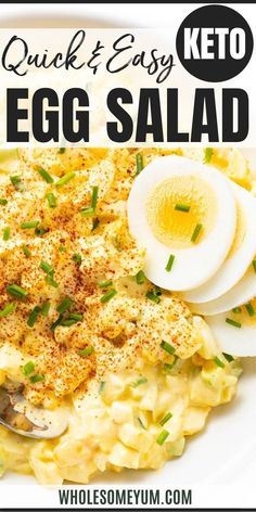 an egg salad on a white plate with the words, quick and easy egg salad