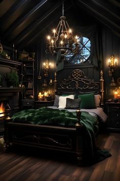 Dark cottagecore room with black walls, cabin-shaped roof, emerald green blanket, black and bronze accents, cozy fireplace, hardwood floors. Cozy and enchanting ambiance. Dark Academia Bedroom Ideas Modern, Vampire Room, Goth Interior, Dark Academia Bedroom, Dark Green Rooms, Academia Bedroom, Funky Bedroom