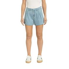 A pleated front gives a bit of vintage edge to the classic short style. The Women's High Rise Pleated Rolled Cuff Short is designed with trouser details and a comfort fabrication. These shorts are easy to wear and features an 11" front rise, 27.5" leg opening and a 4" rolled inseam. This short can be dressed up or down and will be your new everyday short. Exclusively at Walmart. Size: 12.  Color: Blue.  Gender: female.  Age Group: adult. Trousers Details, Stretch Denim Shorts, Jeans For Short Women, Cuffed Shorts, Pleated Shorts, Low Waisted, Distressed Denim Shorts, Flowy Skirt, Blue Gender