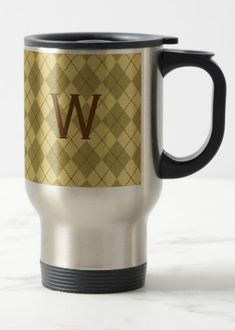 the monogrammed letter w on a gold plaid pattern coffee mugs and cups