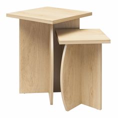 two wooden tables sitting side by side, one with an open shelf on the top