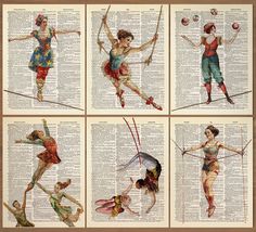 four pictures of women doing different things on an old book page with the words circus above them