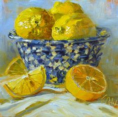 a painting of lemons in a blue and white bowl