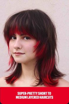 Short Medium Brunette Layers and Bangs with Red Accents Halo Hair Colors, Octopus Haircut, Shoulder Length Hair With Bangs, Color Block Hair, Hair Job, Shaggy Haircuts, Medium Layered Haircuts, Medium Layered, Shoulder Length Hair Cuts