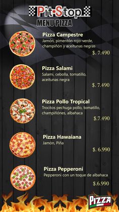 a pizza menu with different types of toppings on the top and bottom half of it