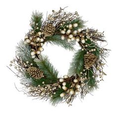 a christmas wreath with pine cones and berries