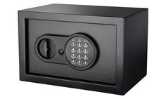 an electronic safe box with the door open and key lock on it's side