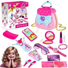 the doll is next to her pink purse and accessories