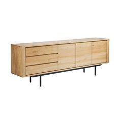 the sideboard is made out of wood and has black metal legs on each side