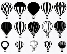 black and white hot air balloons in different shapes, sizes and colors on a white background