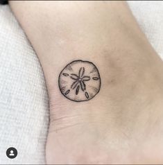 a small sand dollar tattoo on the ankle with a dragonfly in it's shell